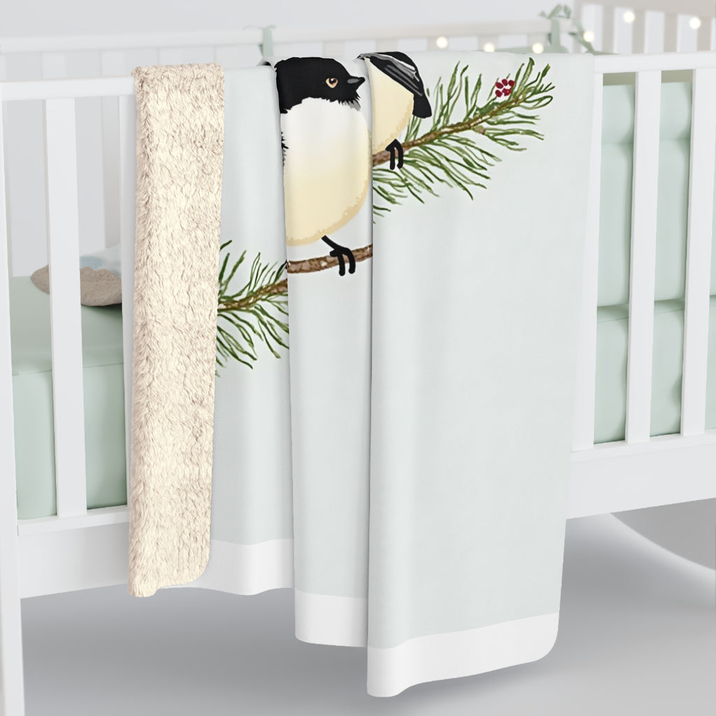 Winter Chickadees Sherpa Throw Blanket - Birds on Snowy Pine Branches with Berries