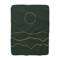 Golden Ridgeline Sherpa Throw Blanket - Moonlit Mountain Line Art on Deep Pine Green