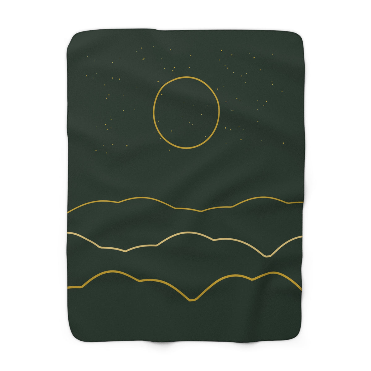 Golden Ridgeline Sherpa Throw Blanket - Moonlit Mountain Line Art on Deep Pine Green