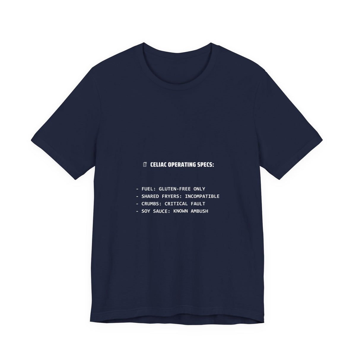 Celiac Operating Specs Shirt - Funny Deadpan Spec Sheet Tee, Gluten Free Gift, Premium Bella Canvas