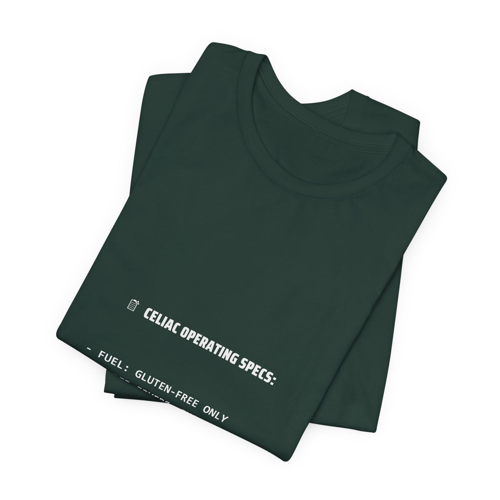 Celiac Operating Specs Shirt - Funny Deadpan Spec Sheet Tee, Gluten Free Gift, Premium Bella Canvas