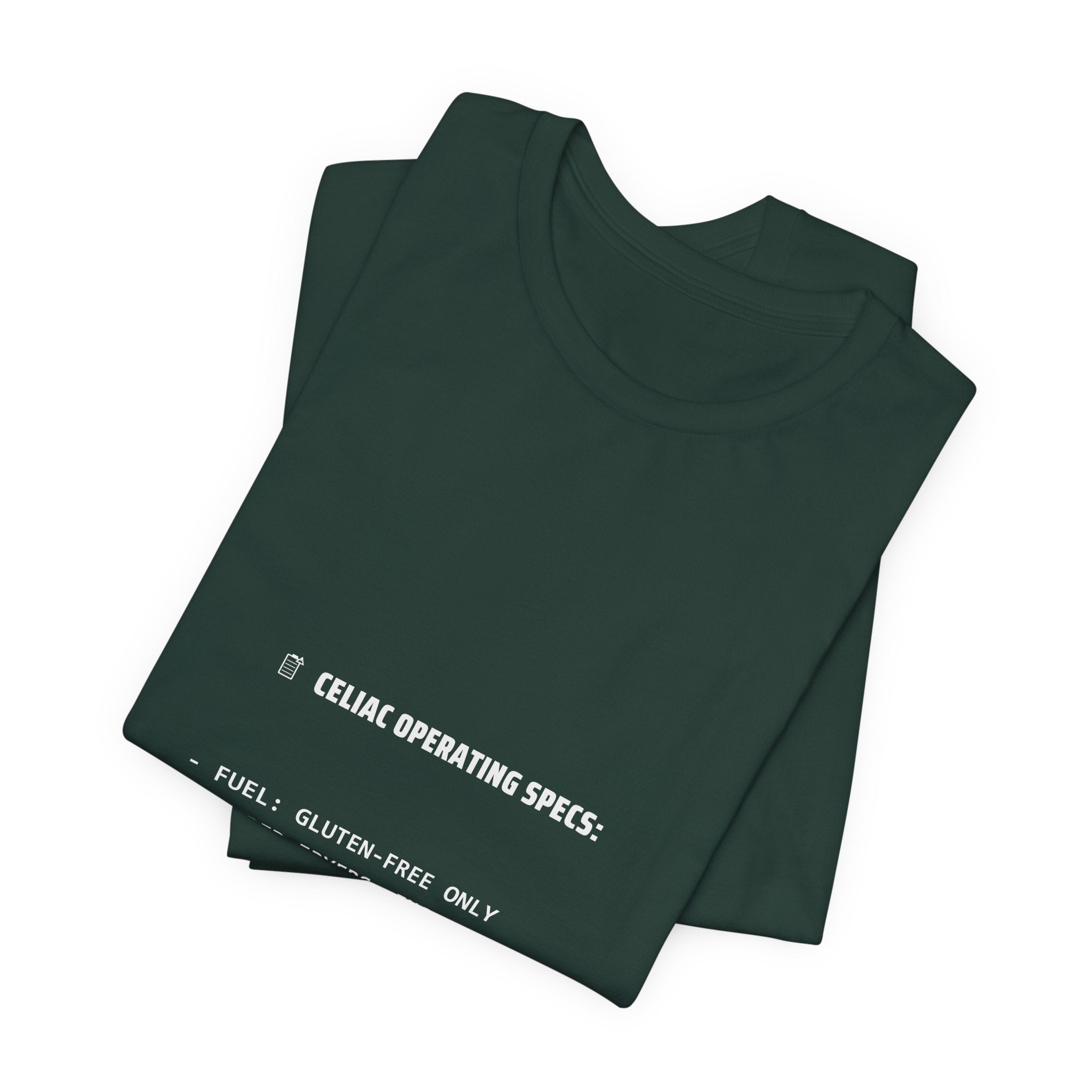 Celiac Operating Specs Shirt - Funny Deadpan Spec Sheet Tee, Gluten Free Gift, Premium Bella Canvas