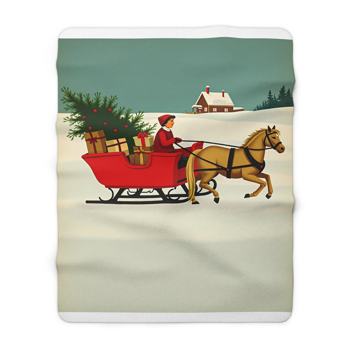 Vintage Christmas Sleigh Sherpa Throw Blanket - Retro Red Sleigh in the Snow