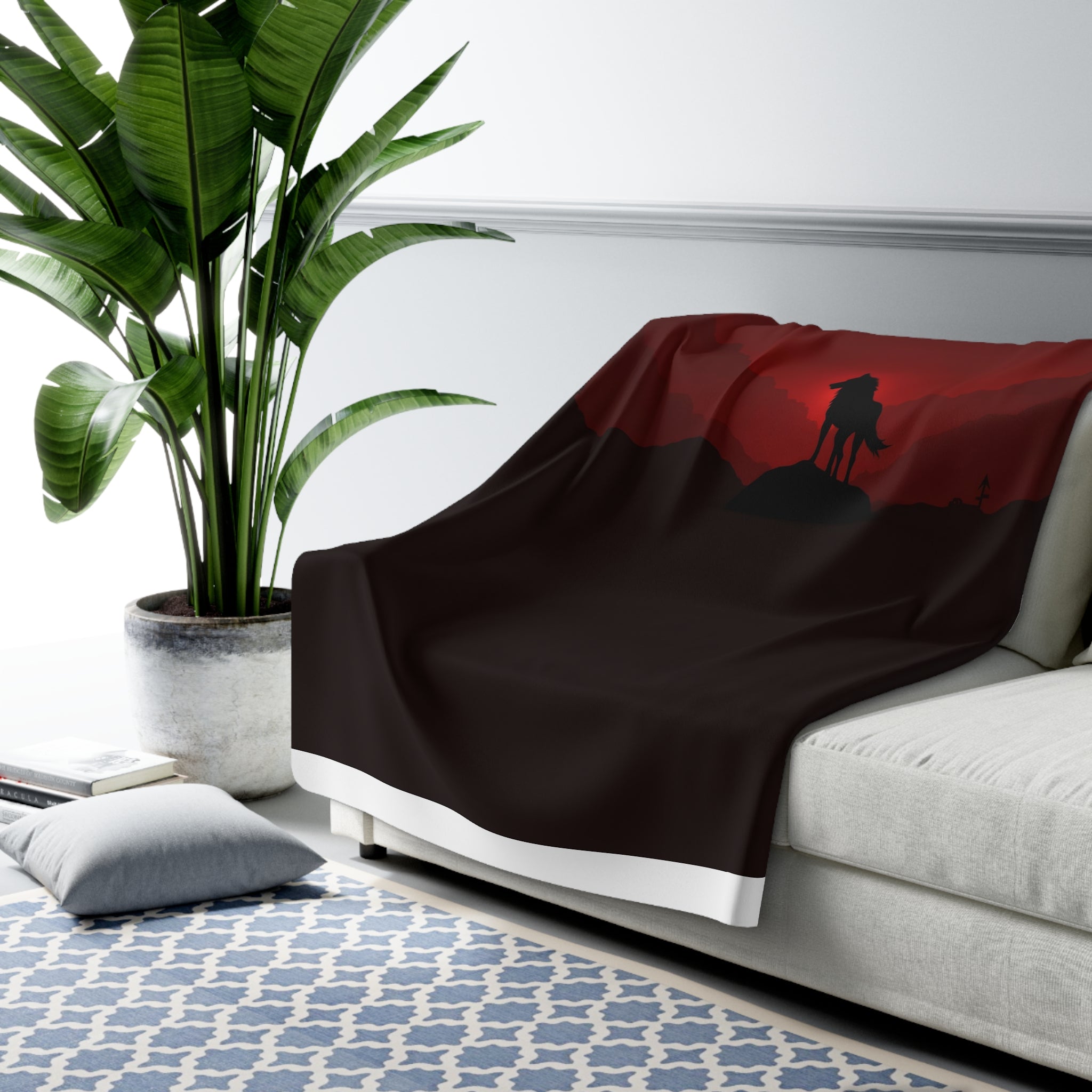 Lone Wolf at Blood Dusk Sherpa Blanket - Red Sky Wolf Silhouette, Gothic Wildlife Throw, Cozy Gift