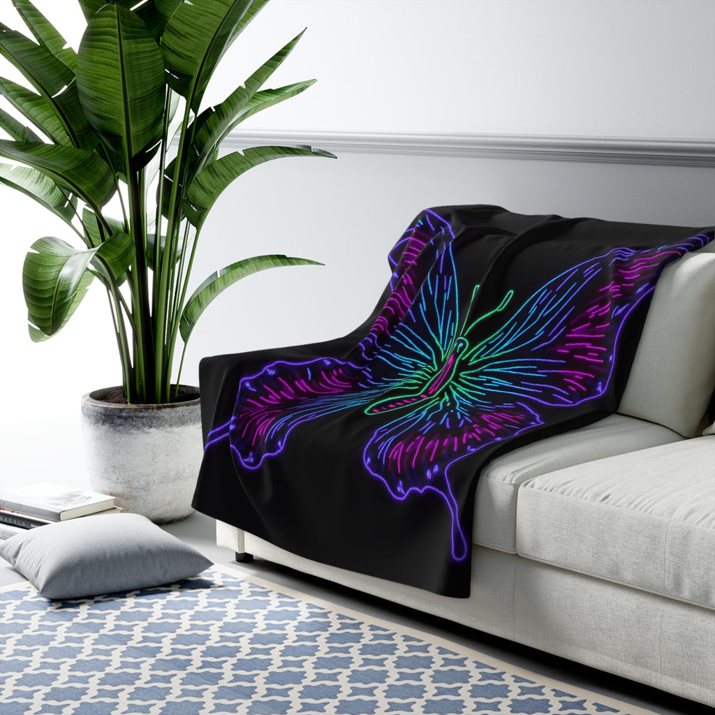 Neon Butterfly Sherpa Throw Blanket - Glowing Butterfly Portrait, Cozy Fleece Bedroom Dorm Game Room Gift