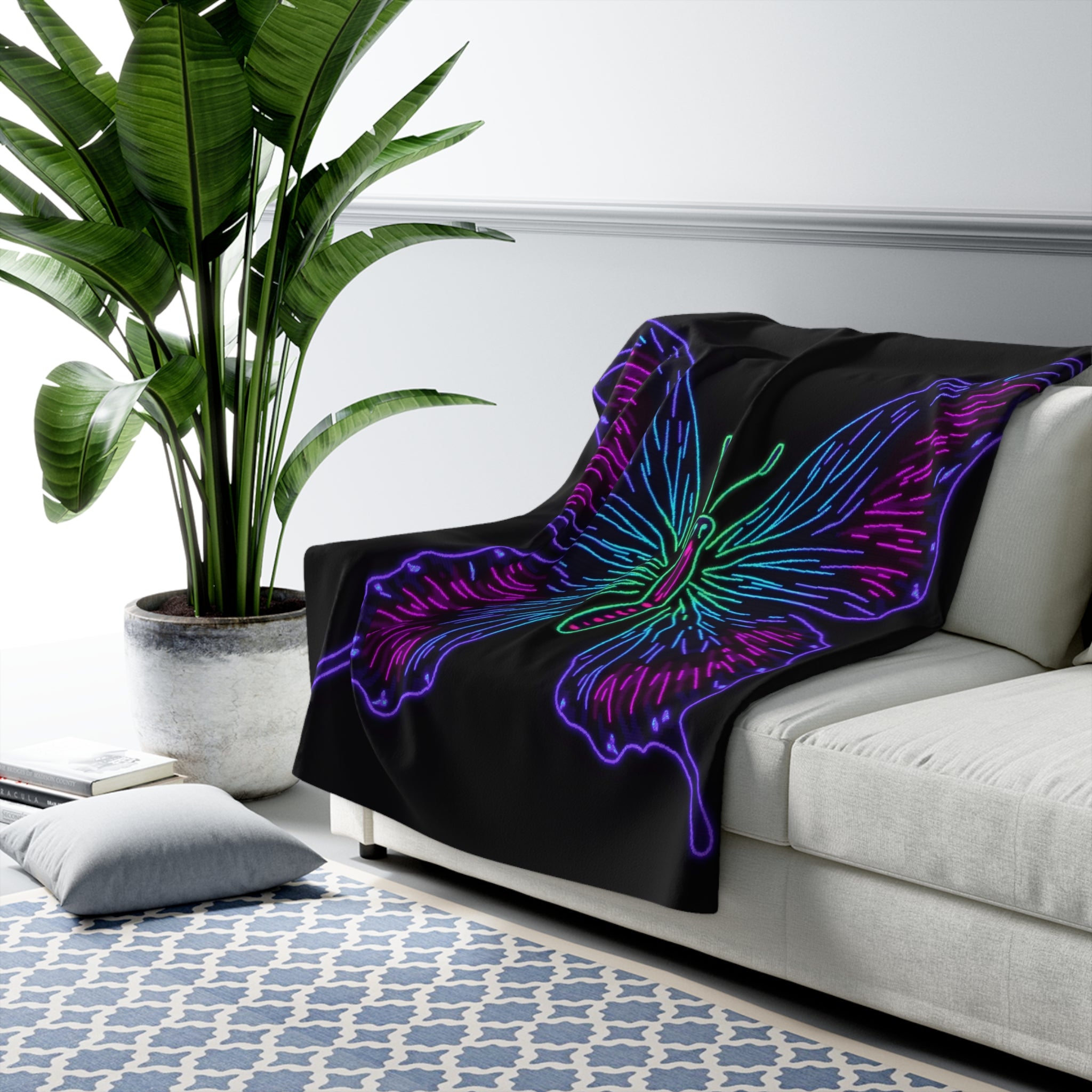 Neon Butterfly Sherpa Throw Blanket - Glowing Butterfly Portrait, Cozy Fleece Bedroom Dorm Game Room Gift