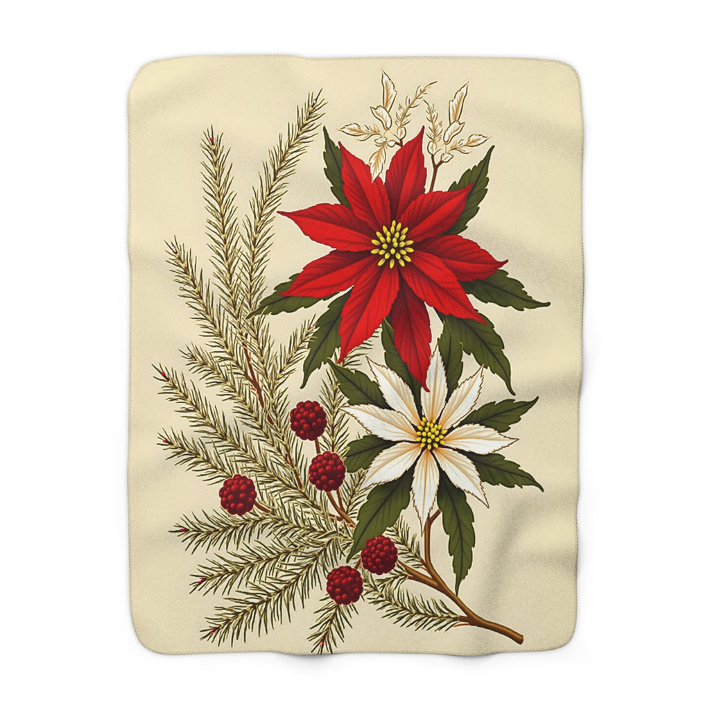 Vintage Poinsettia Sherpa Throw Blanket - Antique Botanical Christmas Floral