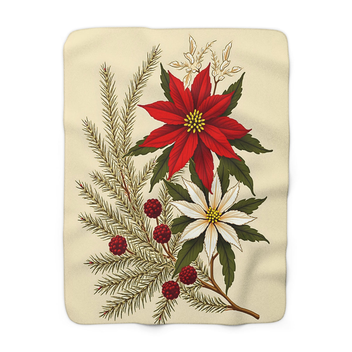 Vintage Poinsettia Sherpa Throw Blanket - Antique Botanical Christmas Floral