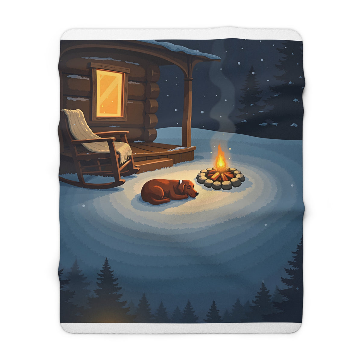 Sleeping Dog by the Campfire Sherpa Throw Blanket - Cozy Cabin Porch at Night, Dog Lover Gift, Winter Cabin Decor