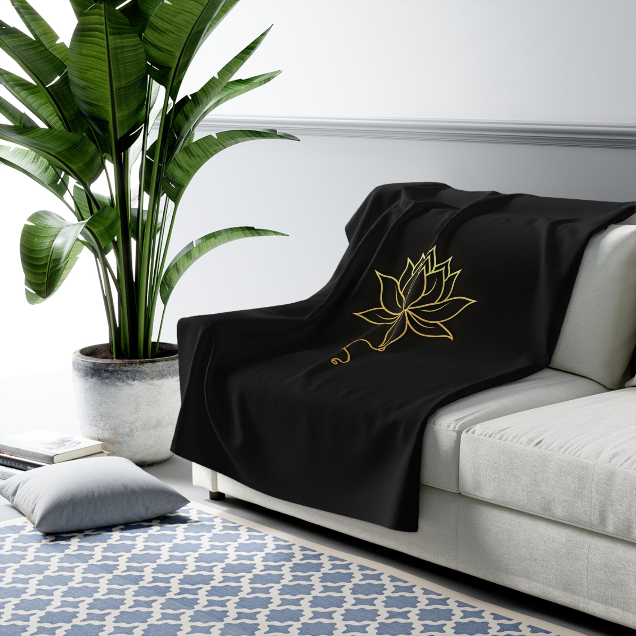 Gold Lotus Line Art Sherpa Throw Blanket - Minimalist Boho Decor, Cozy Fleece Gift