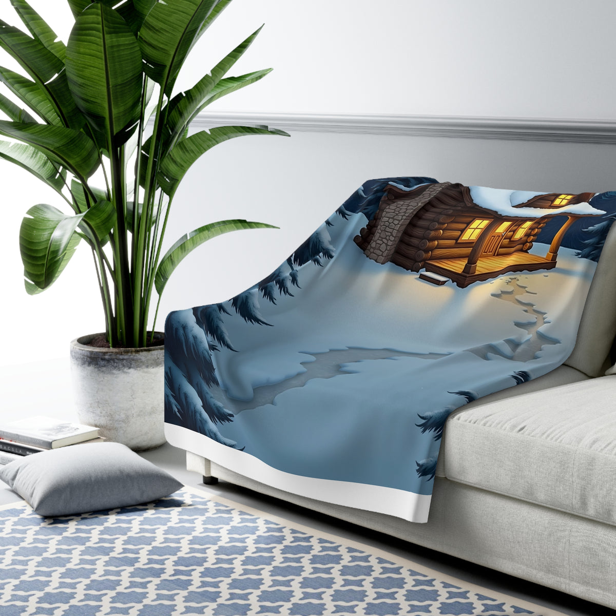 Cozy Winter Cabin Sherpa Throw Blanket - Snowy Log Cabin with Warm Glowing Windows