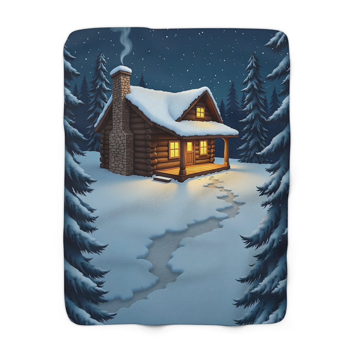 Cozy Winter Cabin Sherpa Throw Blanket - Snowy Log Cabin with Warm Glowing Windows