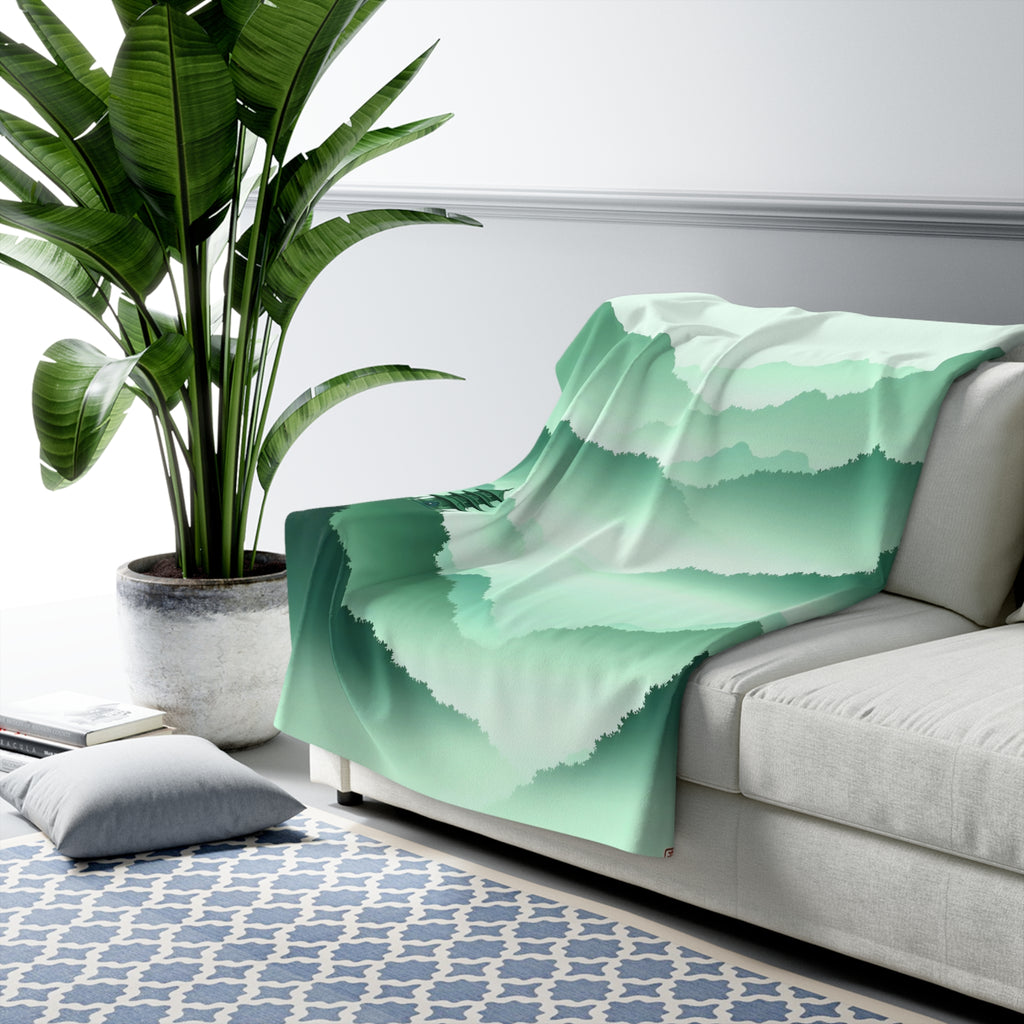 Misty Mountain Pagoda Sherpa Throw Blanket - Green Ink-Style Landscape, Zen Asian-Inspired Decor Gift