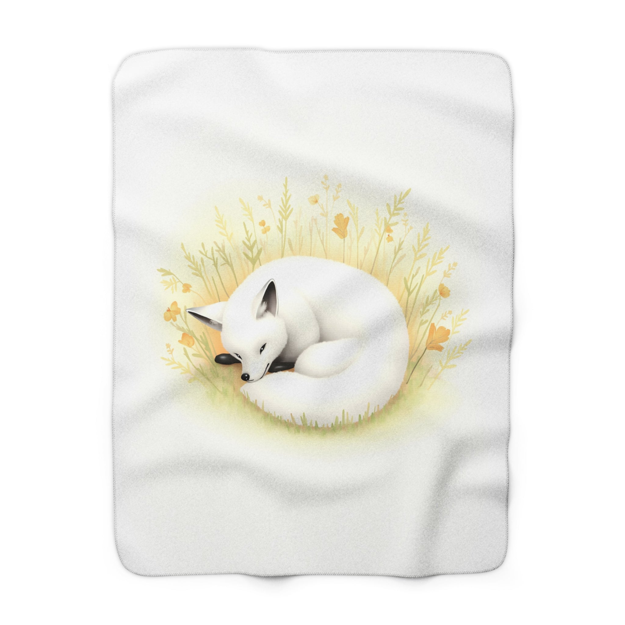 Sleeping Fox Sherpa Throw Blanket - Watercolor White Fox in Wildflowers, Soft Woodland Nursery & Nature Decor Gift