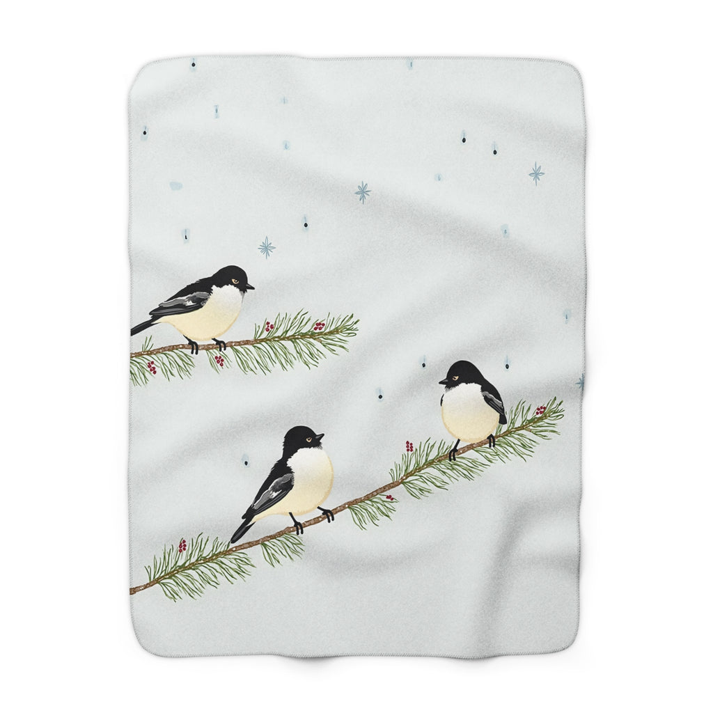 Winter Chickadees Sherpa Throw Blanket - Birds on Snowy Pine Branches with Berries