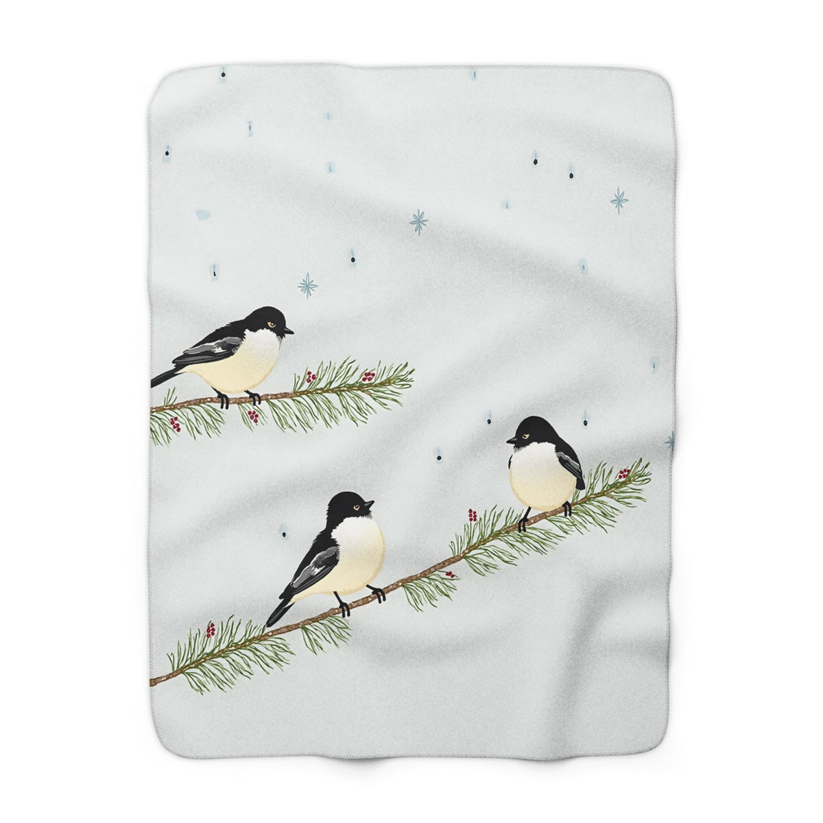 Winter Chickadees Sherpa Throw Blanket - Birds on Snowy Pine Branches with Berries