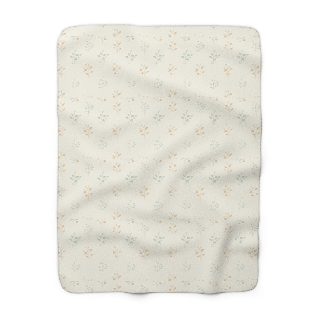 Fern & Seedhead Sherpa Throw Blanket - Vintage Botanical Pattern, Patina Blue & Terracotta on Cream - Mossbridge