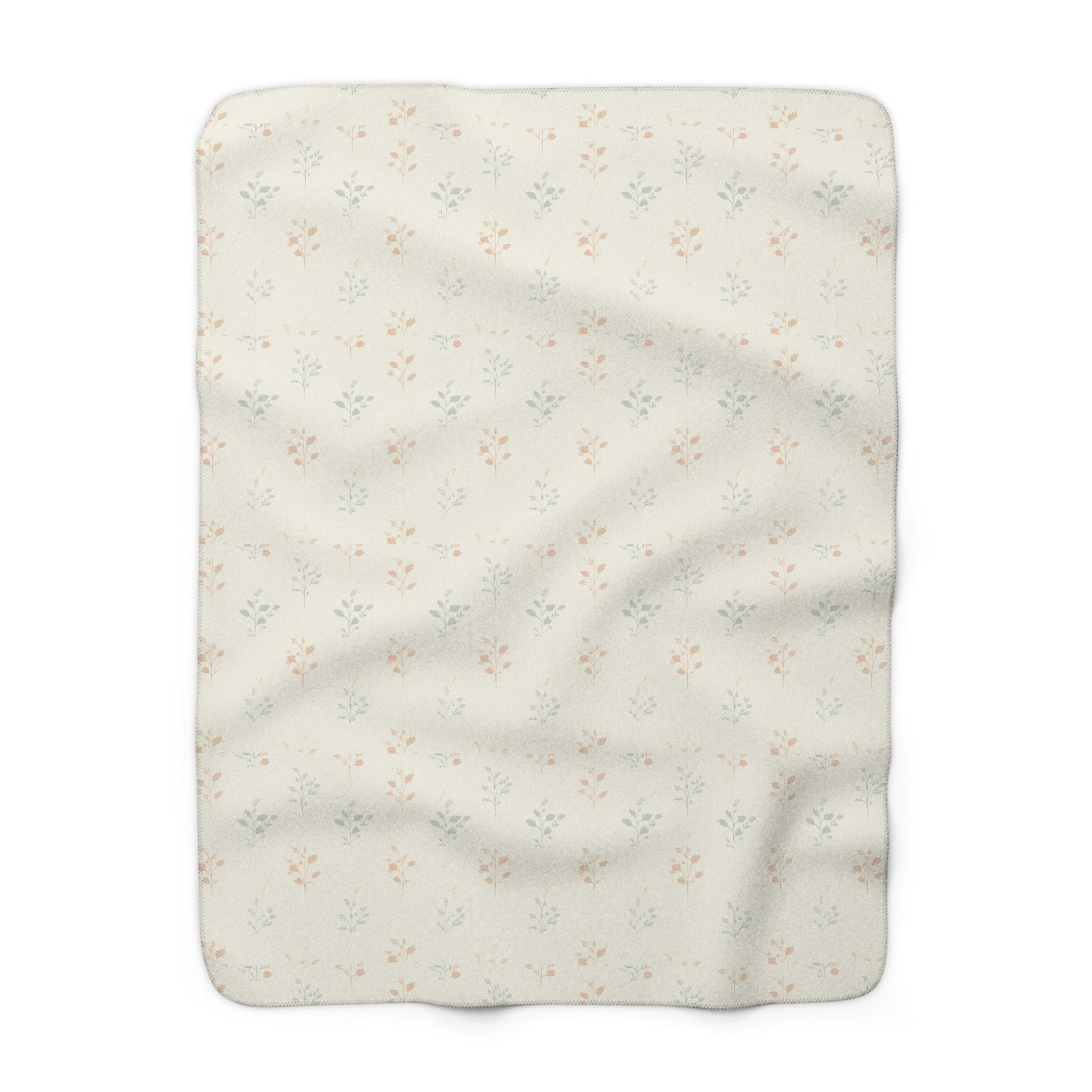 Fern & Seedhead Sherpa Throw Blanket - Vintage Botanical Pattern, Patina Blue & Terracotta on Cream - Mossbridge