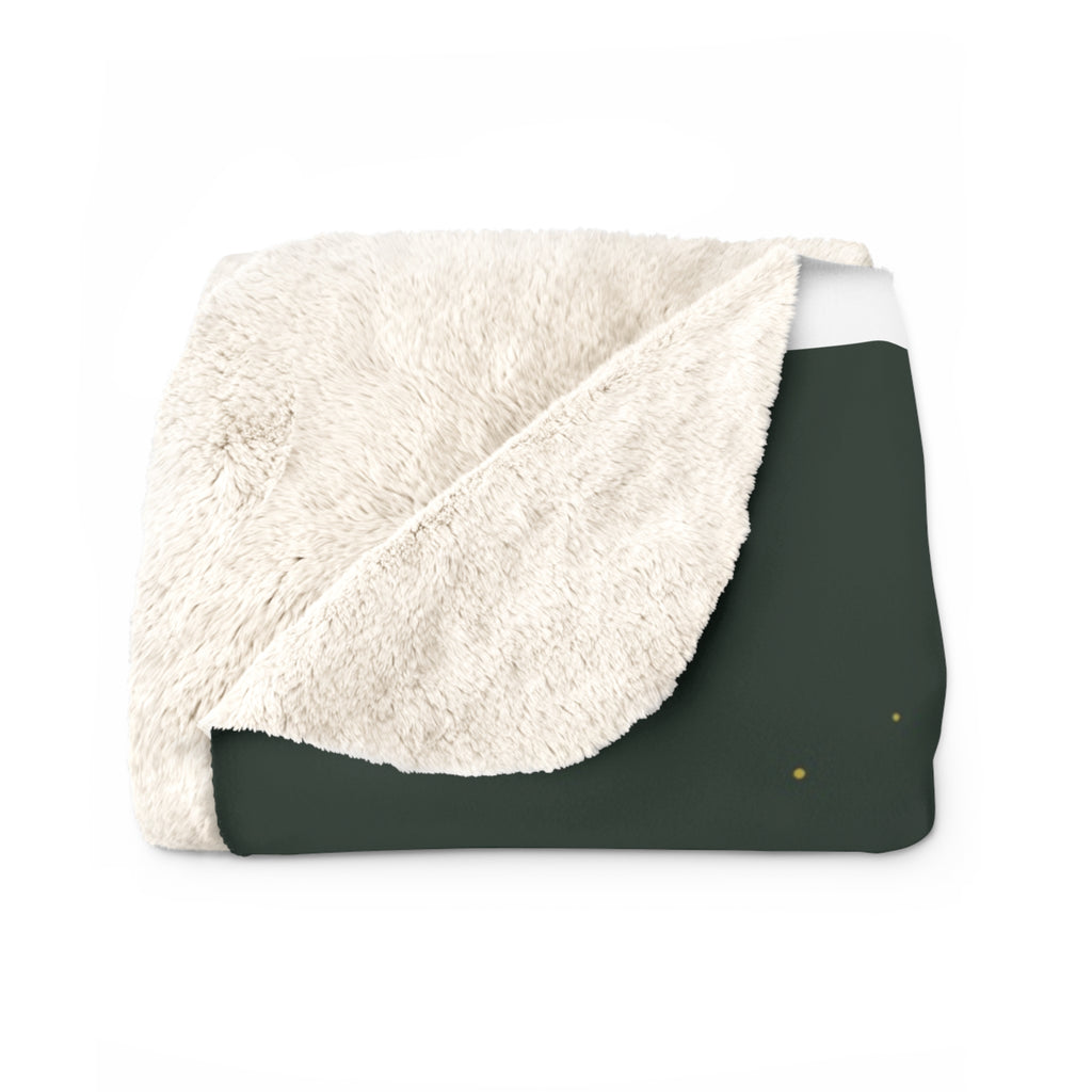 Golden Ridgeline Sherpa Throw Blanket - Moonlit Mountain Line Art on Deep Pine Green