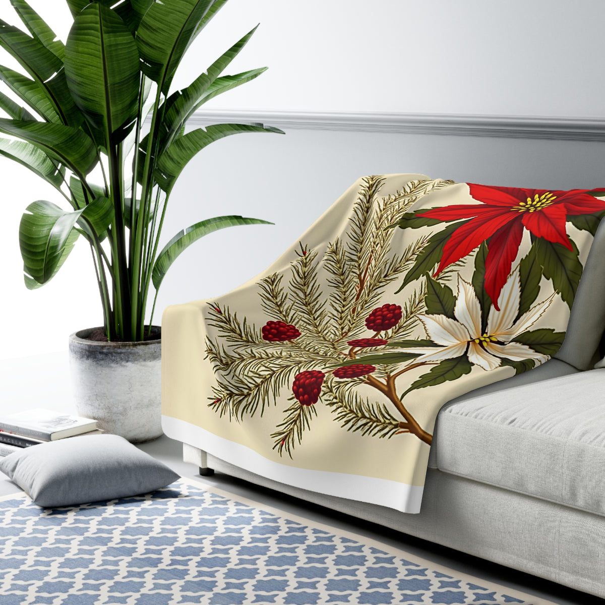 Vintage Poinsettia Sherpa Throw Blanket - Antique Botanical Christmas Floral