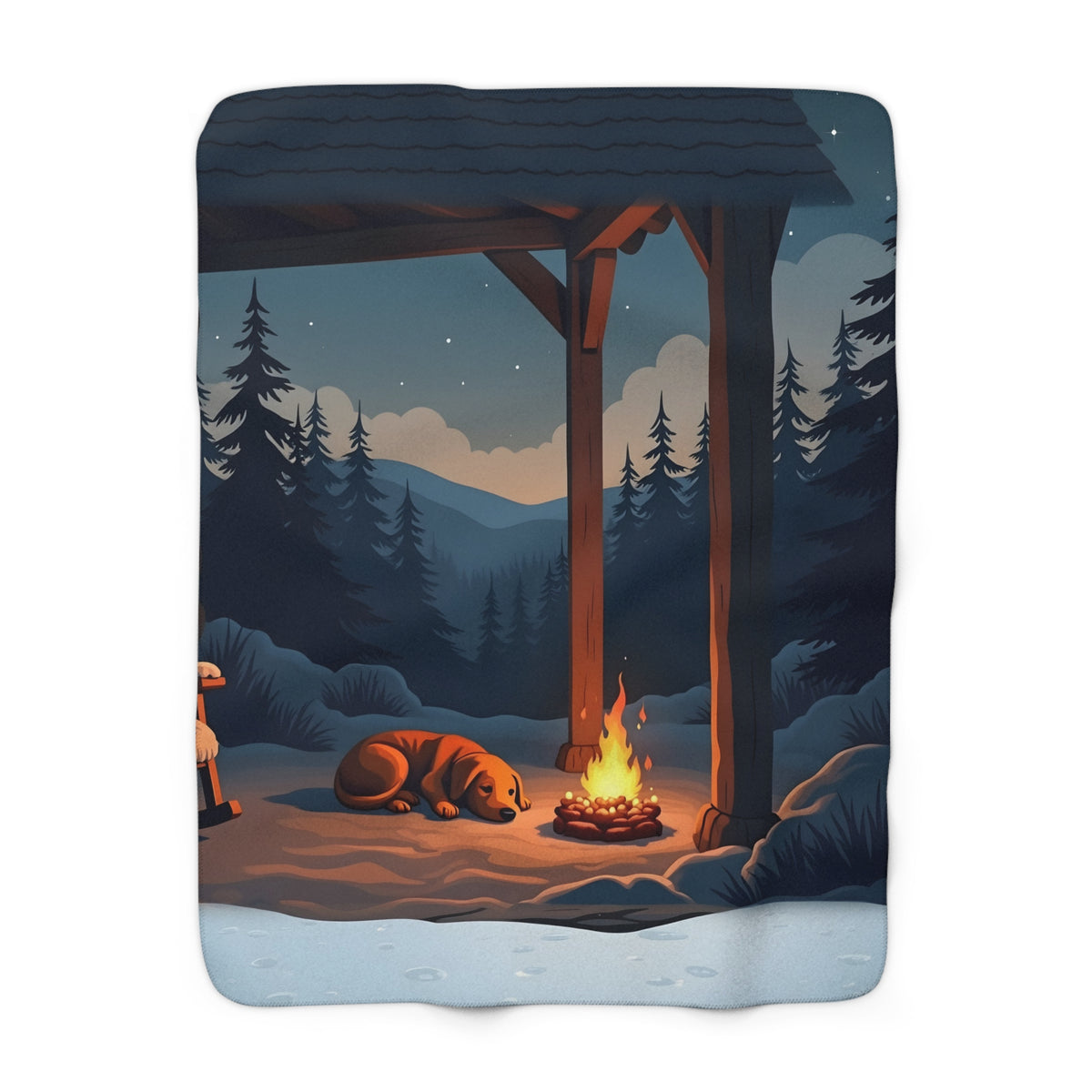 Sleeping Dog by the Fire Sherpa Throw Blanket - Cozy Cabin Porch Close-Up, Dog Lover Gift, Winter Cabin Throw