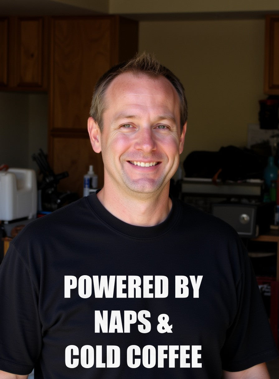 Powered By Naps and Cold Coffee Dad Shirt, Funny Father's Day T-Shirt — worn lifestyle photo