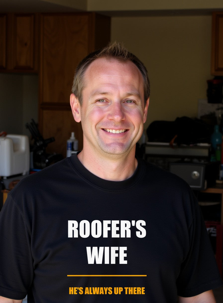He's Always Up There Roofer's Wife Shirt, Funny Tradesman Wife Gift Tee — worn lifestyle photo