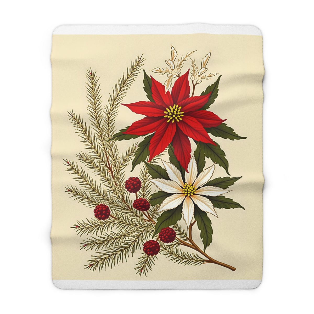 Vintage Poinsettia Sherpa Throw Blanket - Antique Botanical Christmas Floral