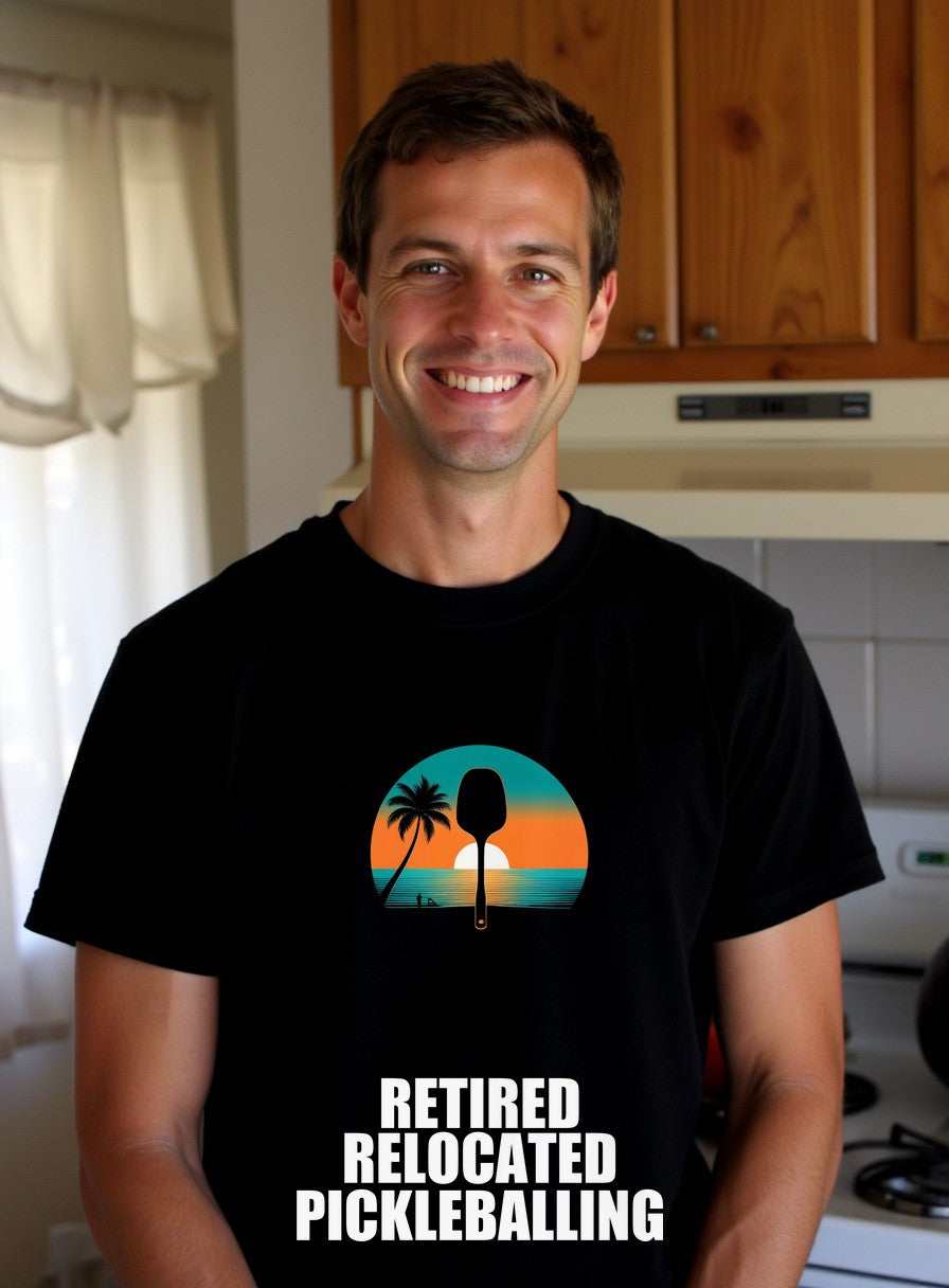Retired Relocated Pickleballing Shirt — worn lifestyle photo