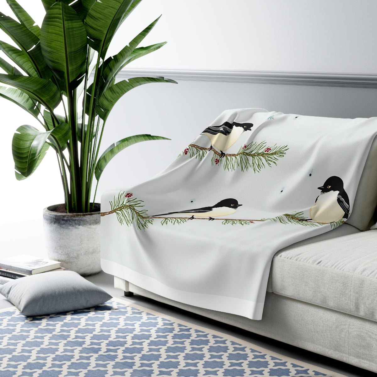 Winter Chickadees Sherpa Throw Blanket - Birds on Snowy Pine Branches with Berries