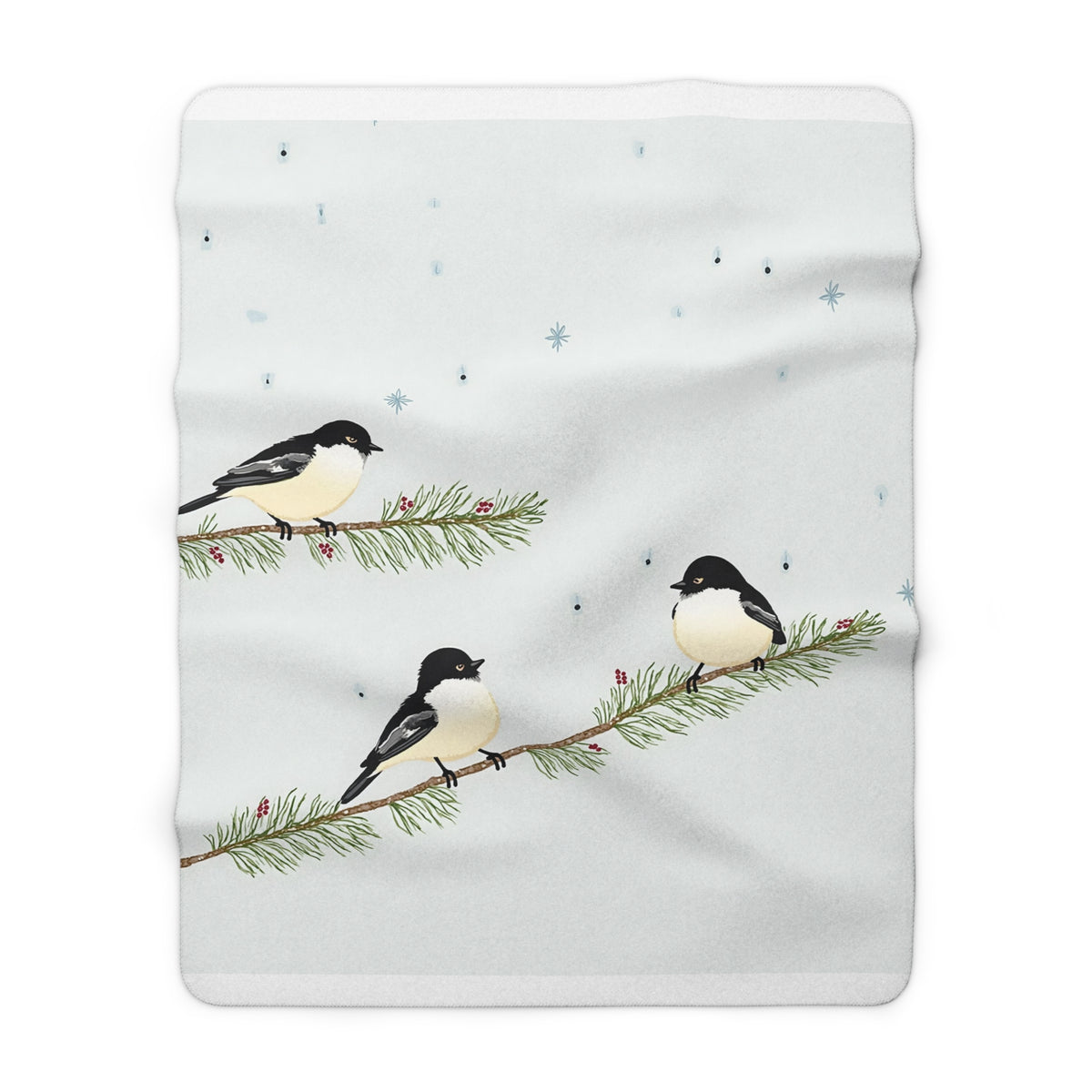 Winter Chickadees Sherpa Throw Blanket - Birds on Snowy Pine Branches with Berries