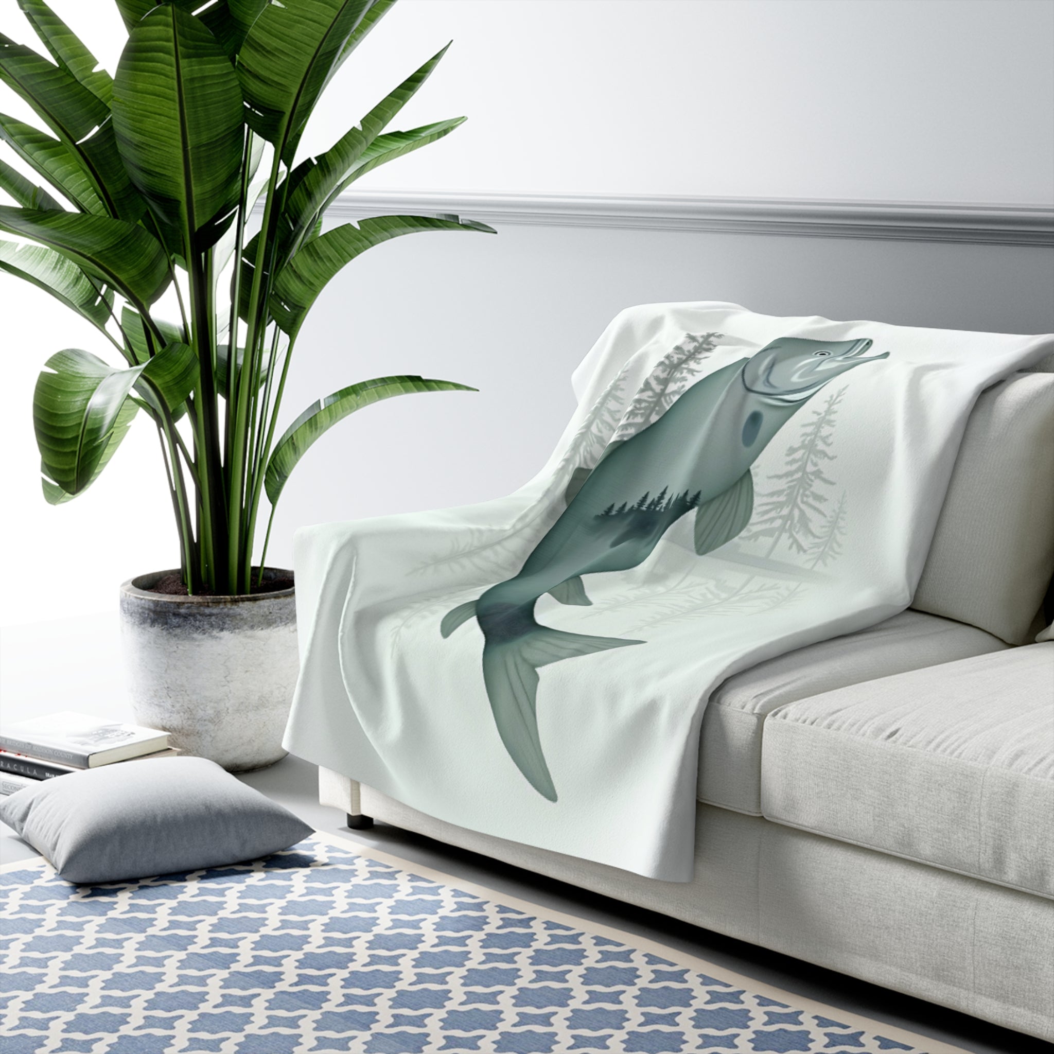 Trout Double Exposure Sherpa Throw Blanket - Nature Wildlife Art, Cozy Fleece Cabin Decor Gift