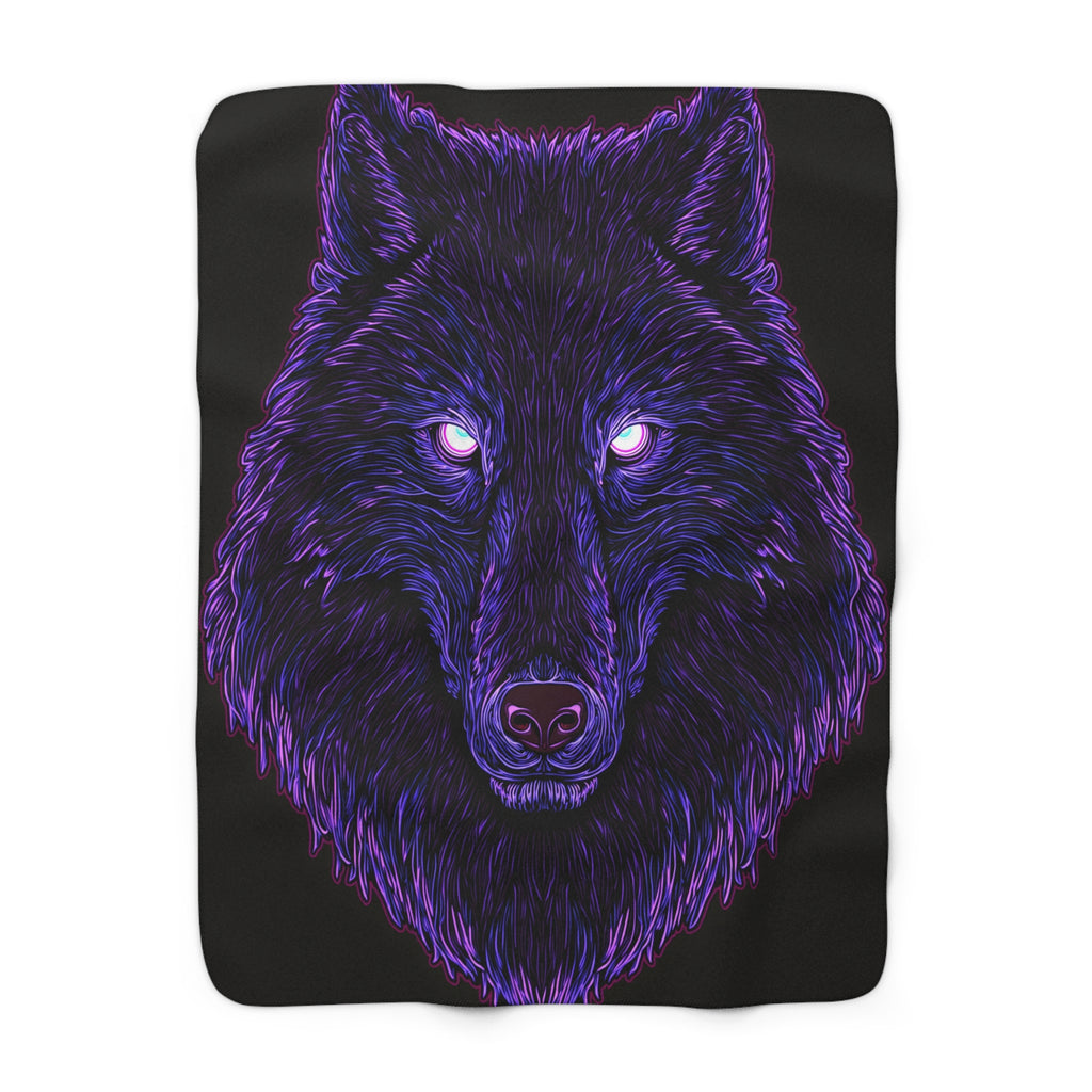 Neon Wolf Sherpa Throw Blanket - Glowing Purple & Violet Wolf Face, Cozy Fleece for Bedroom Dorm or Game Room - Wolf Lover Gift
