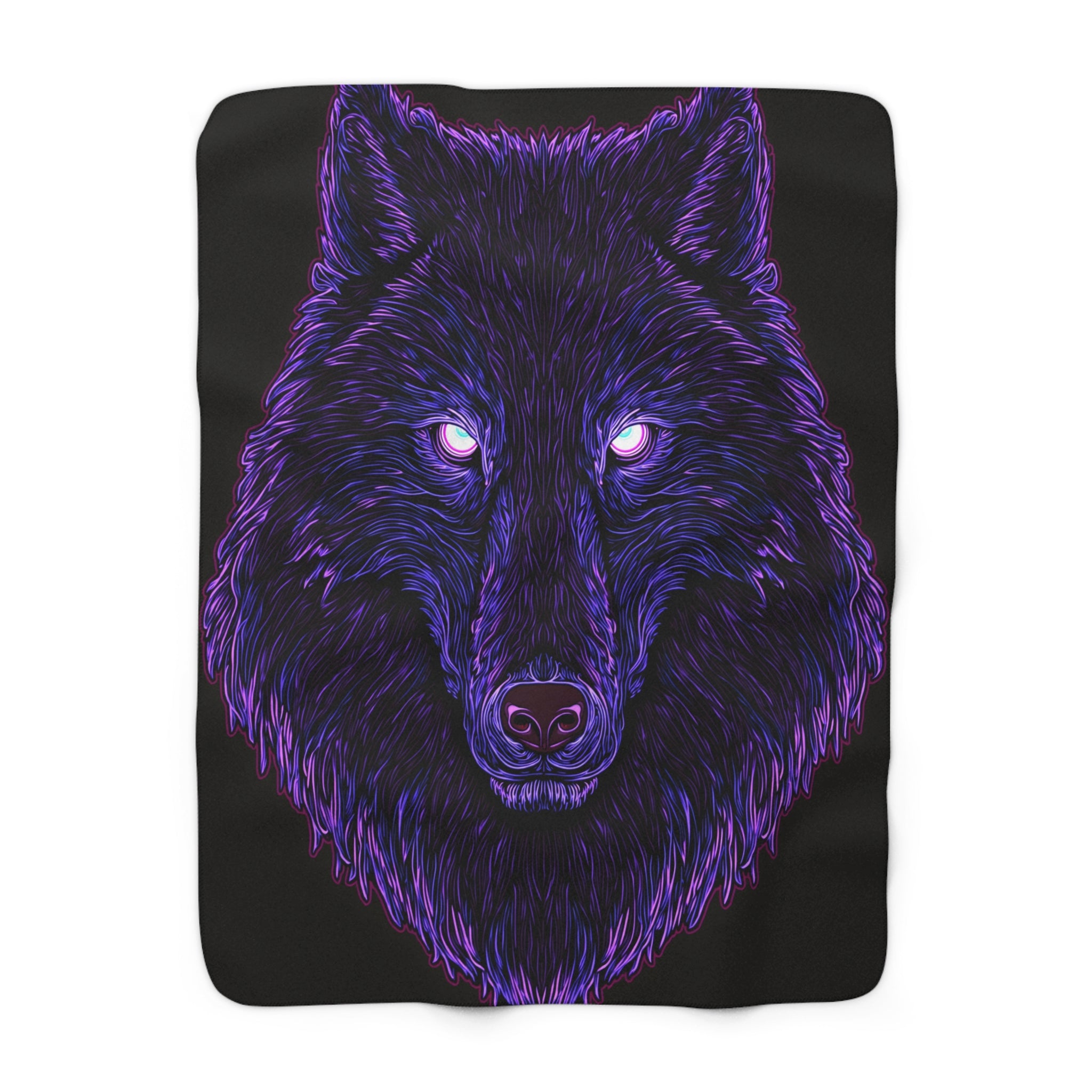 Neon Wolf Sherpa Throw Blanket - Glowing Purple & Violet Wolf Face, Cozy Fleece for Bedroom Dorm or Game Room - Wolf Lover Gift