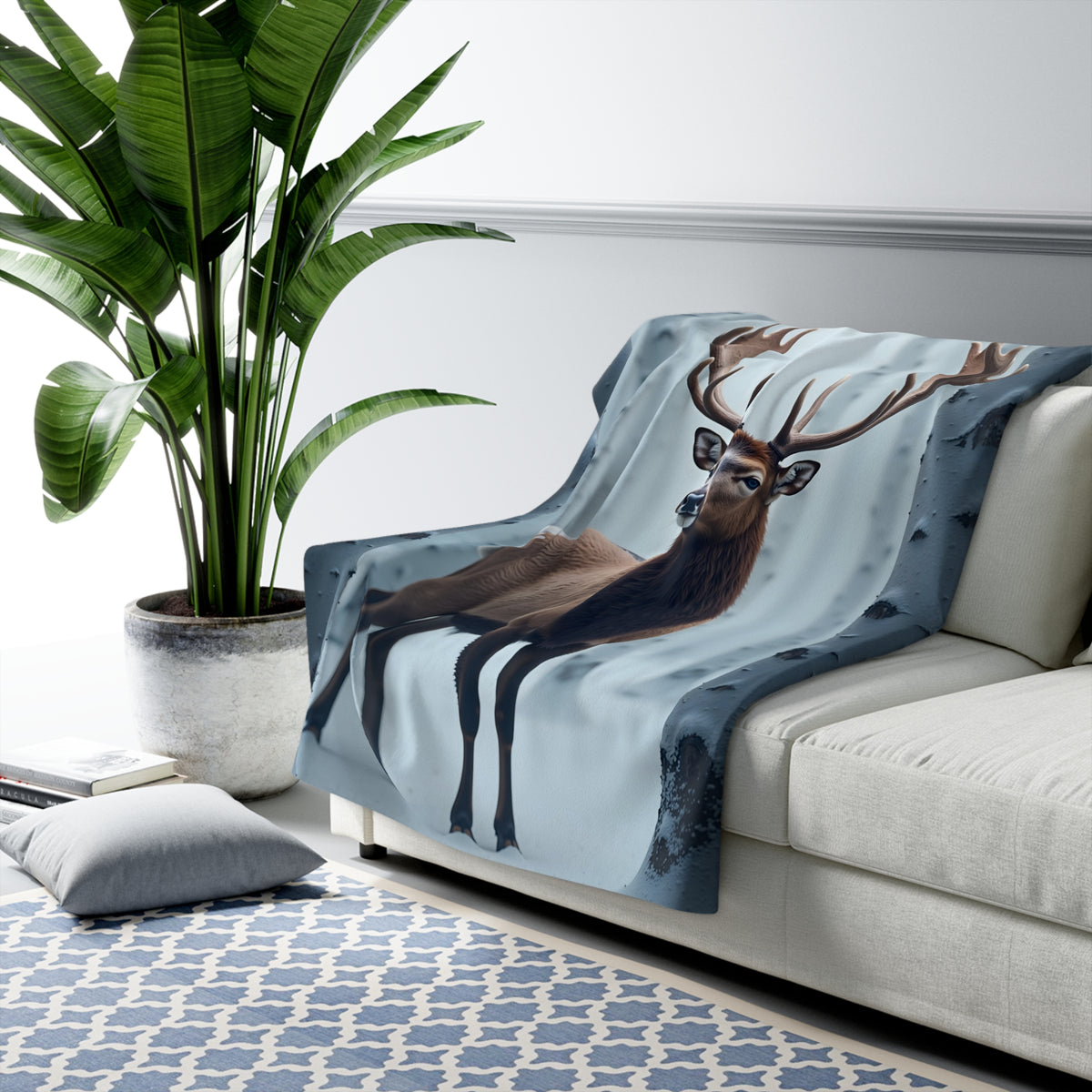 Winter Stag Sherpa Throw Blanket - Majestic Deer Among Snowy Birch Trees