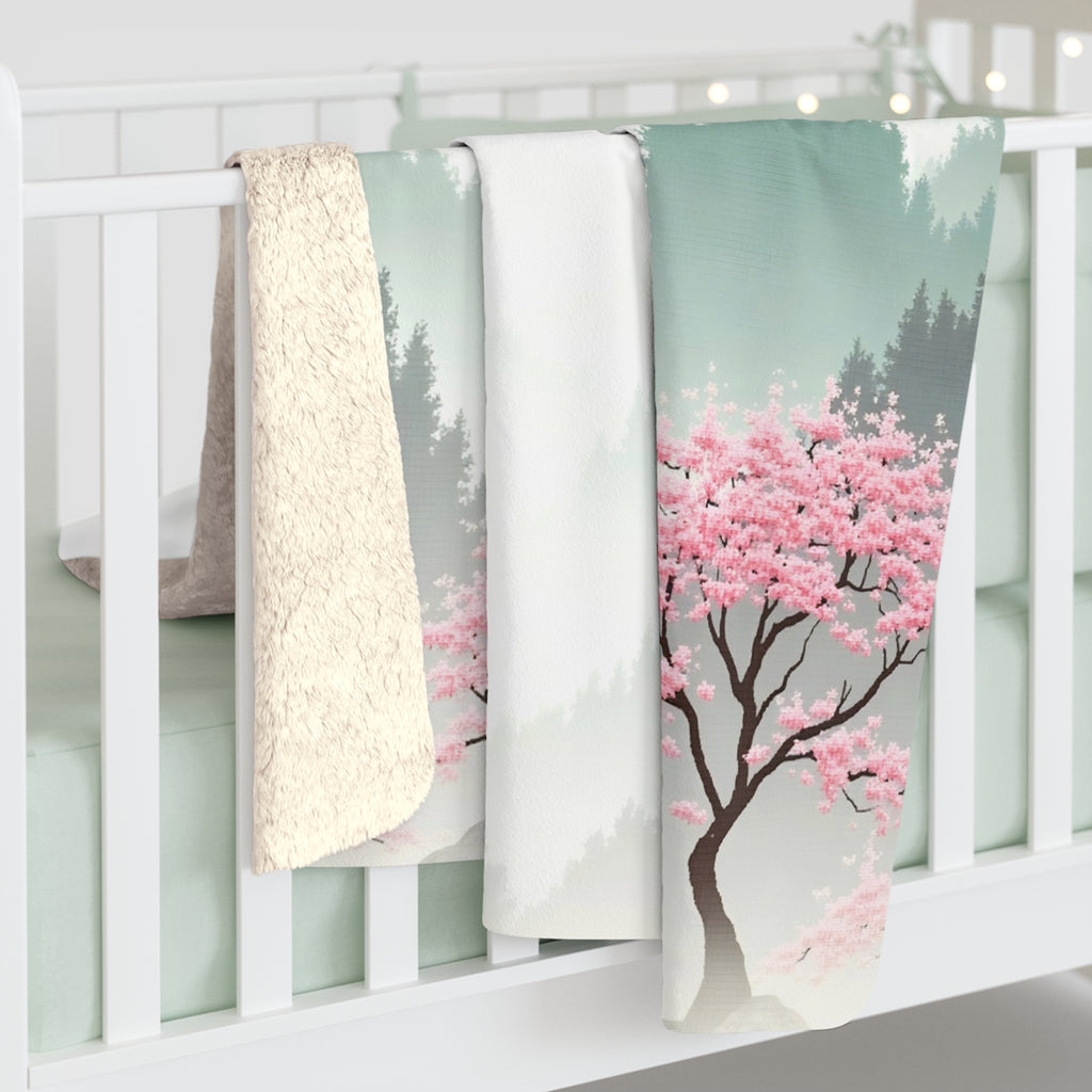 Cherry Blossom Misty Landscape Sherpa Throw Blanket - Zen Asian-Inspired Decor, Cozy Fleece Gift