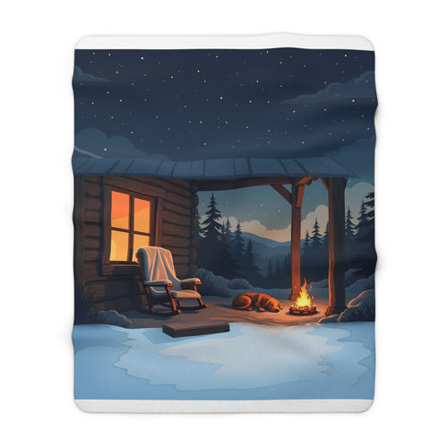 Campfire Dog Cabin Porch Sherpa Throw Blanket - Sleeping Dog Under a Starry Night Sky, Dog Lover Gift, Cabin Decor
