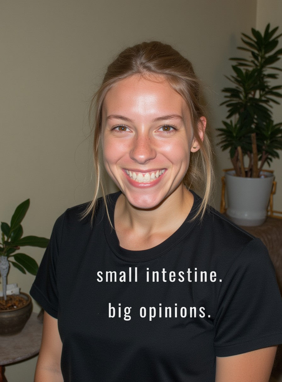 Small Intestine Big Opinions Shirt — worn lifestyle photo