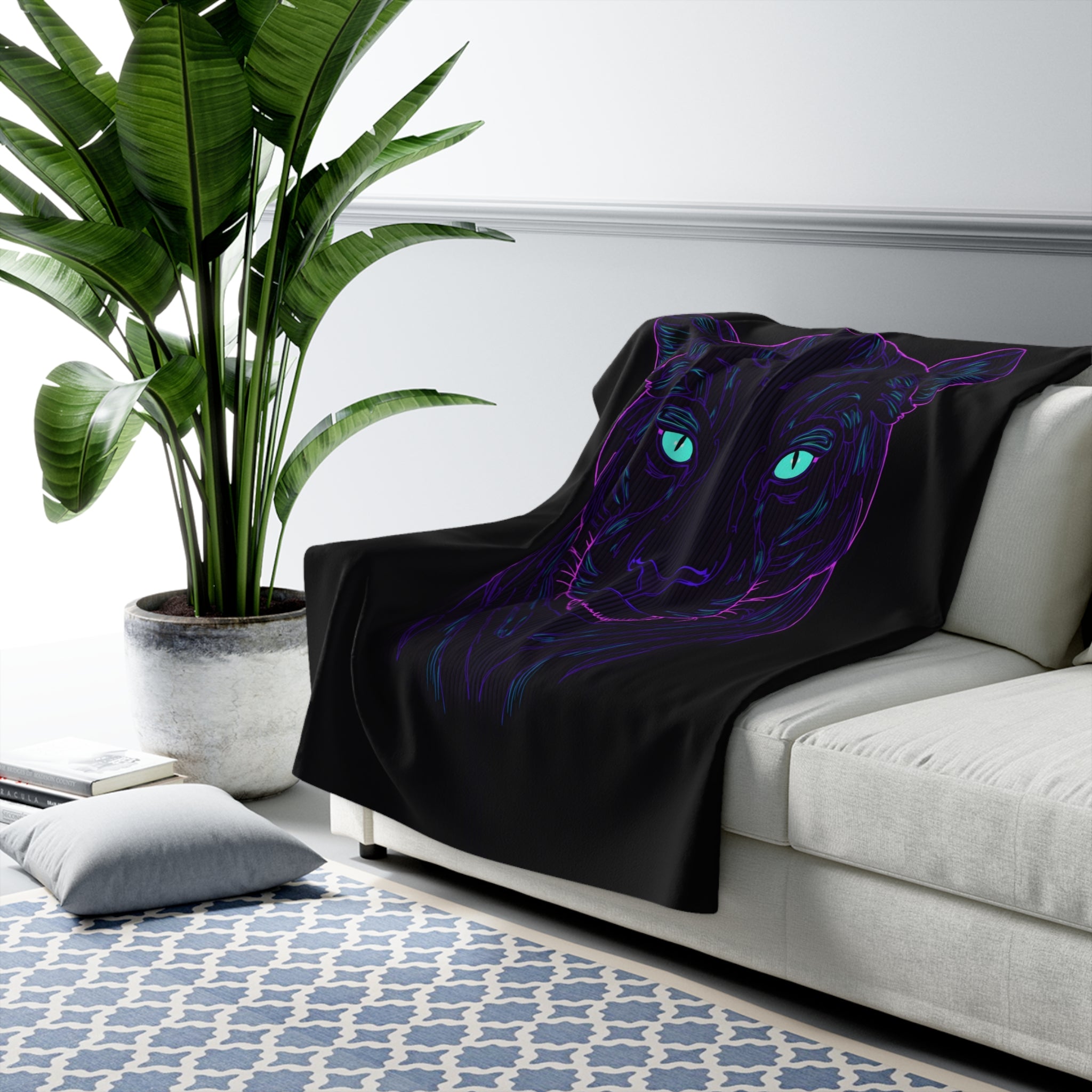 Neon Panther Sherpa Throw Blanket - Glowing Panther Portrait, Cozy Fleece Bedroom Dorm Game Room Gift