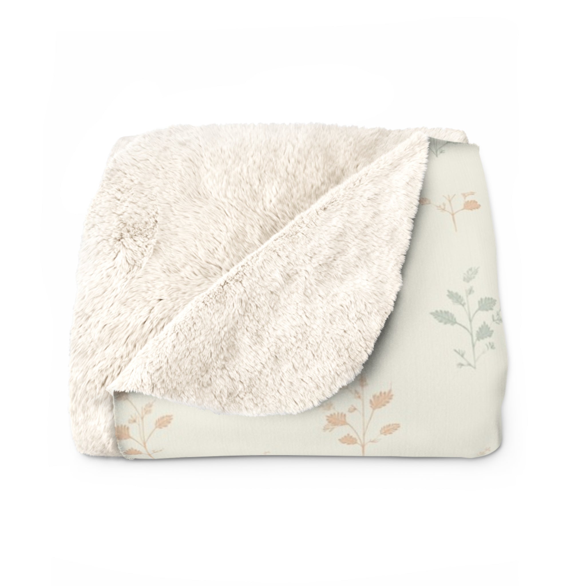 Fern & Seedhead Sherpa Throw Blanket - Vintage Botanical Pattern, Patina Blue & Terracotta on Cream - Mossbridge