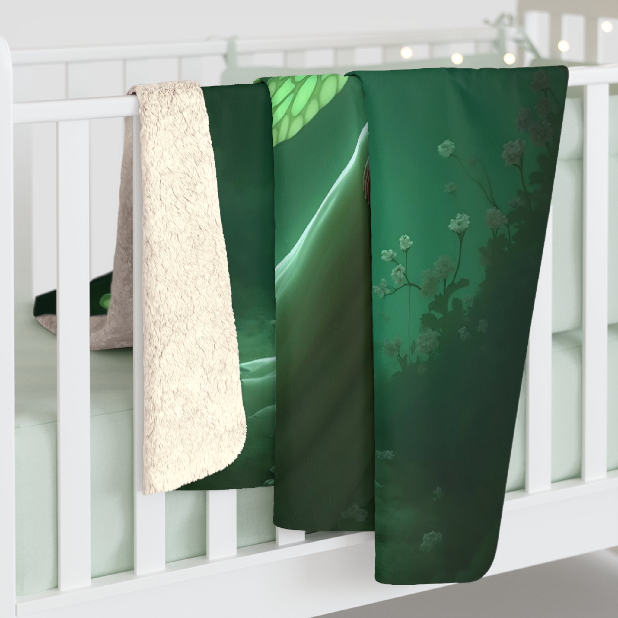 Luna Moth Fairy Sherpa Throw Blanket - Glowing Green Wings in a Moonlit Garden, Fantasy Fairycore Decor Gift
