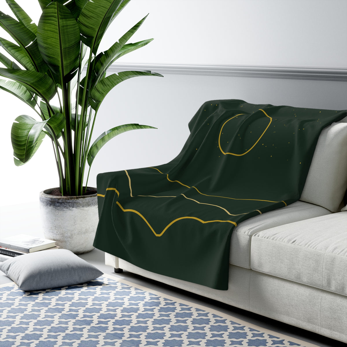 Golden Ridgeline Sherpa Throw Blanket - Moonlit Mountain Line Art on Deep Pine Green