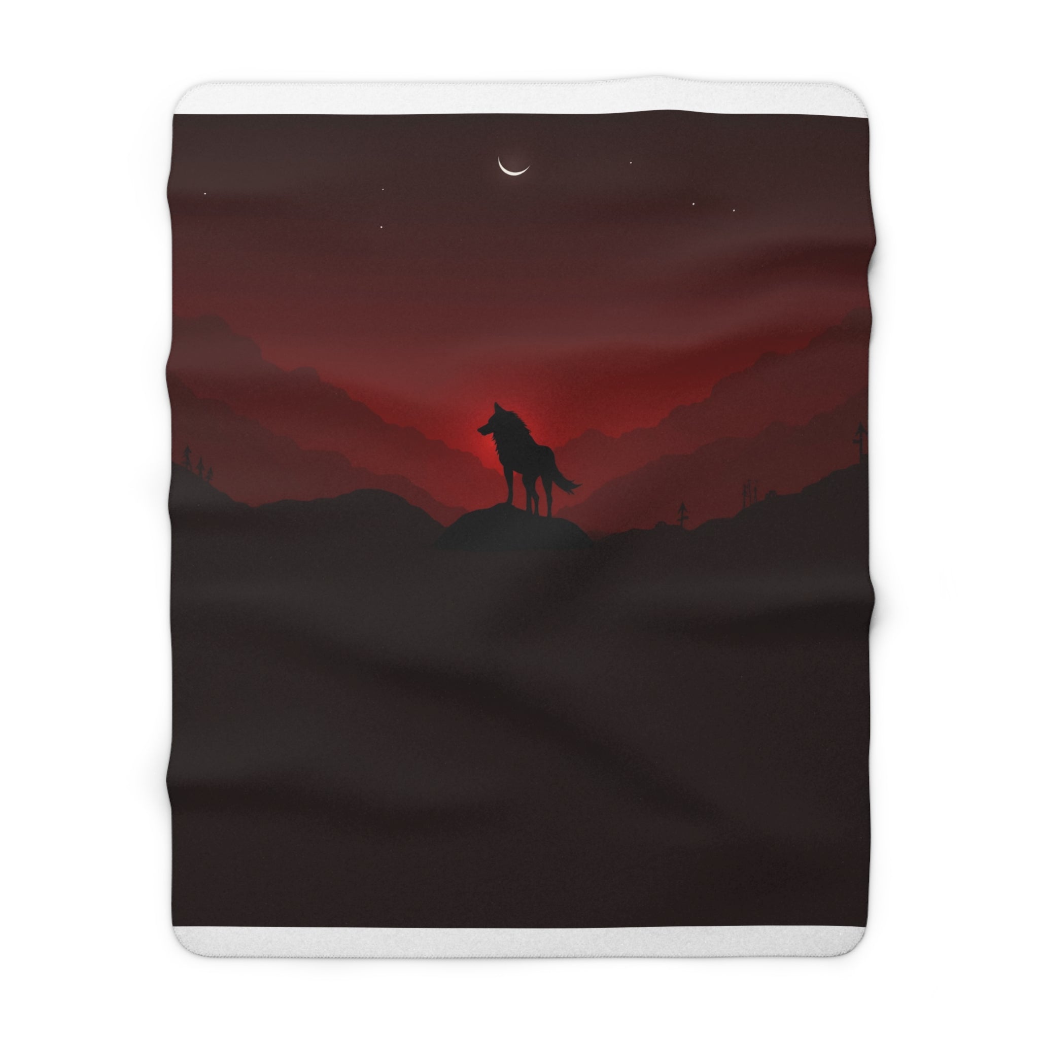 Lone Wolf at Blood Dusk Sherpa Blanket - Red Sky Wolf Silhouette, Gothic Wildlife Throw, Cozy Gift