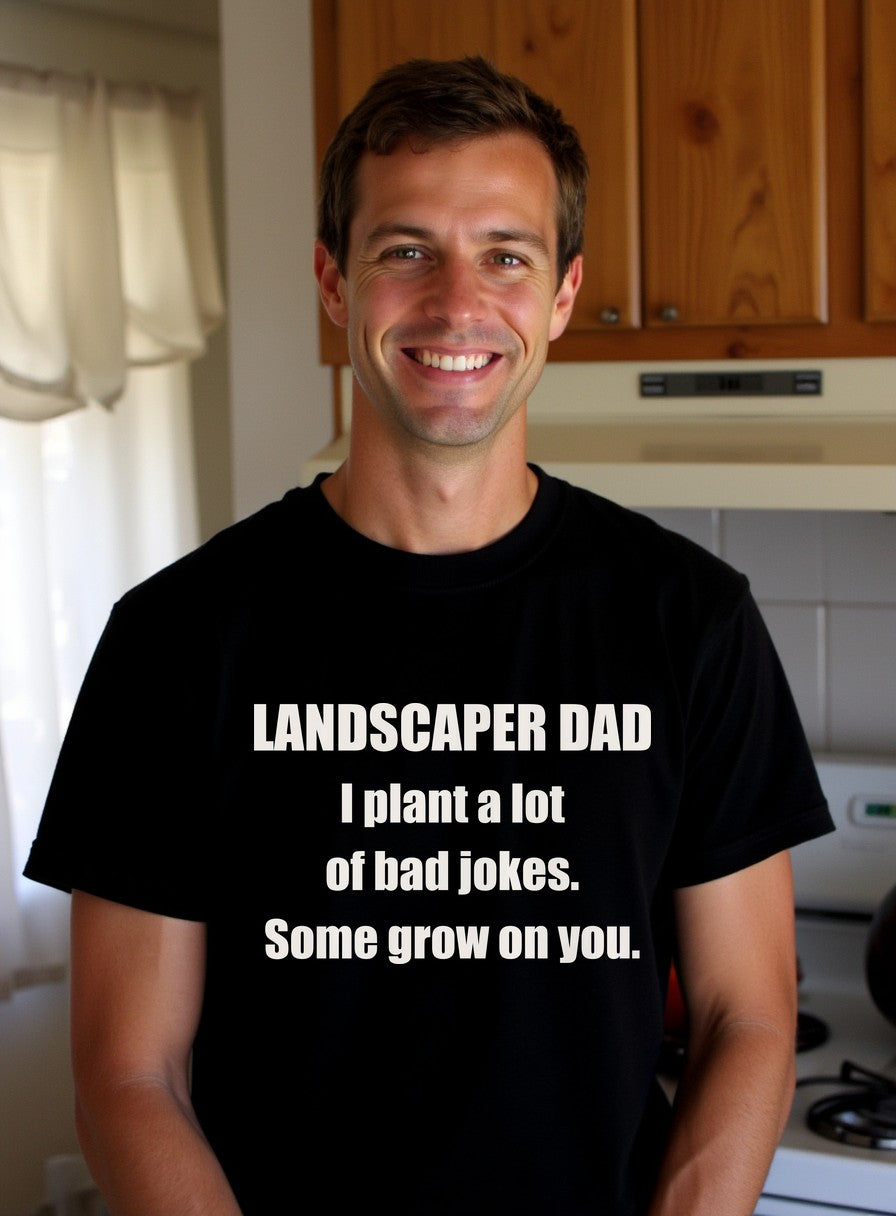 Landscaper Dad Plants Bad Jokes Some Grow On You Shirt — worn lifestyle photo