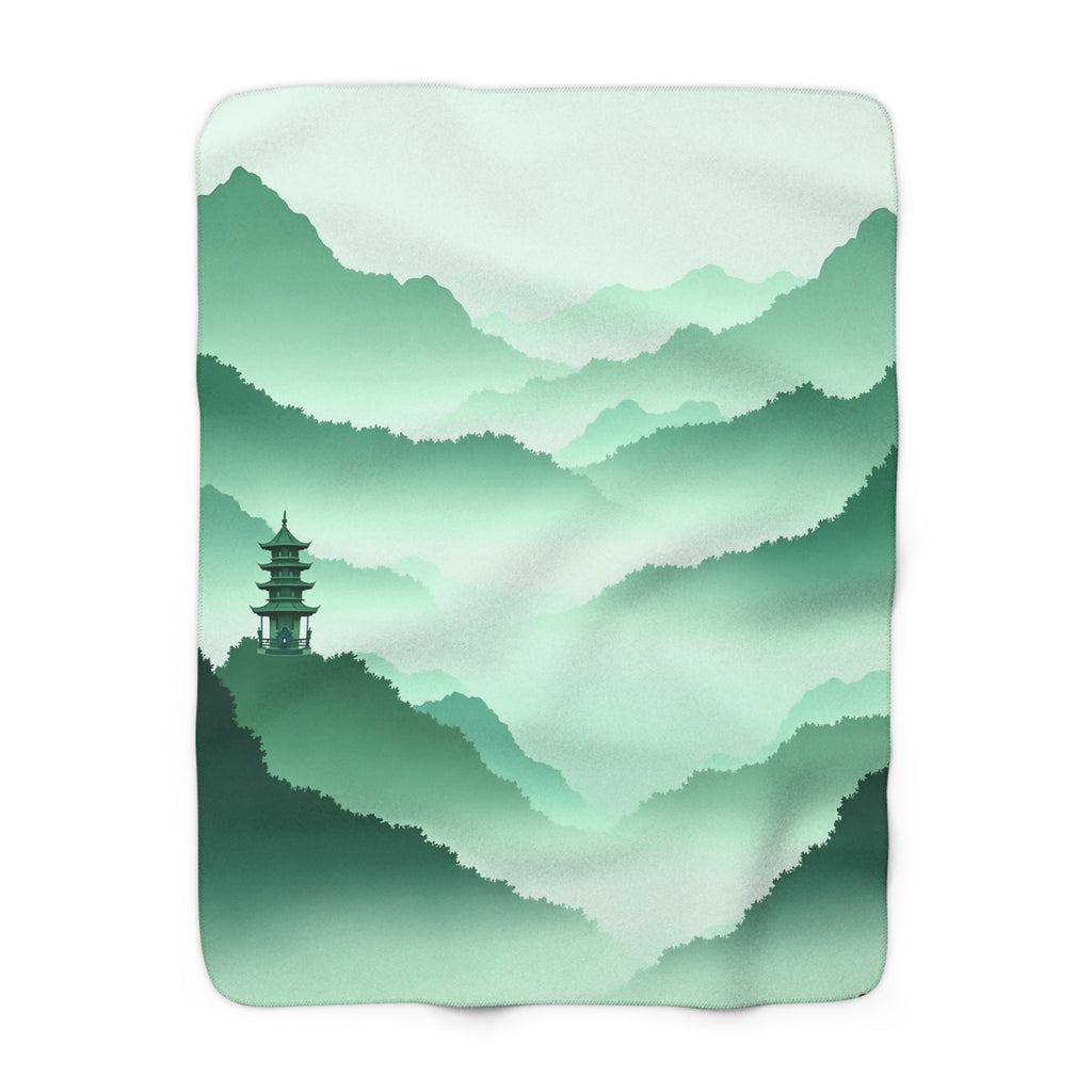 Misty Mountain Pagoda Sherpa Throw Blanket - Green Ink-Style Landscape, Zen Asian-Inspired Decor Gift