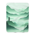 Misty Mountain Pagoda Sherpa Throw Blanket - Green Ink-Style Landscape, Zen Asian-Inspired Decor Gift