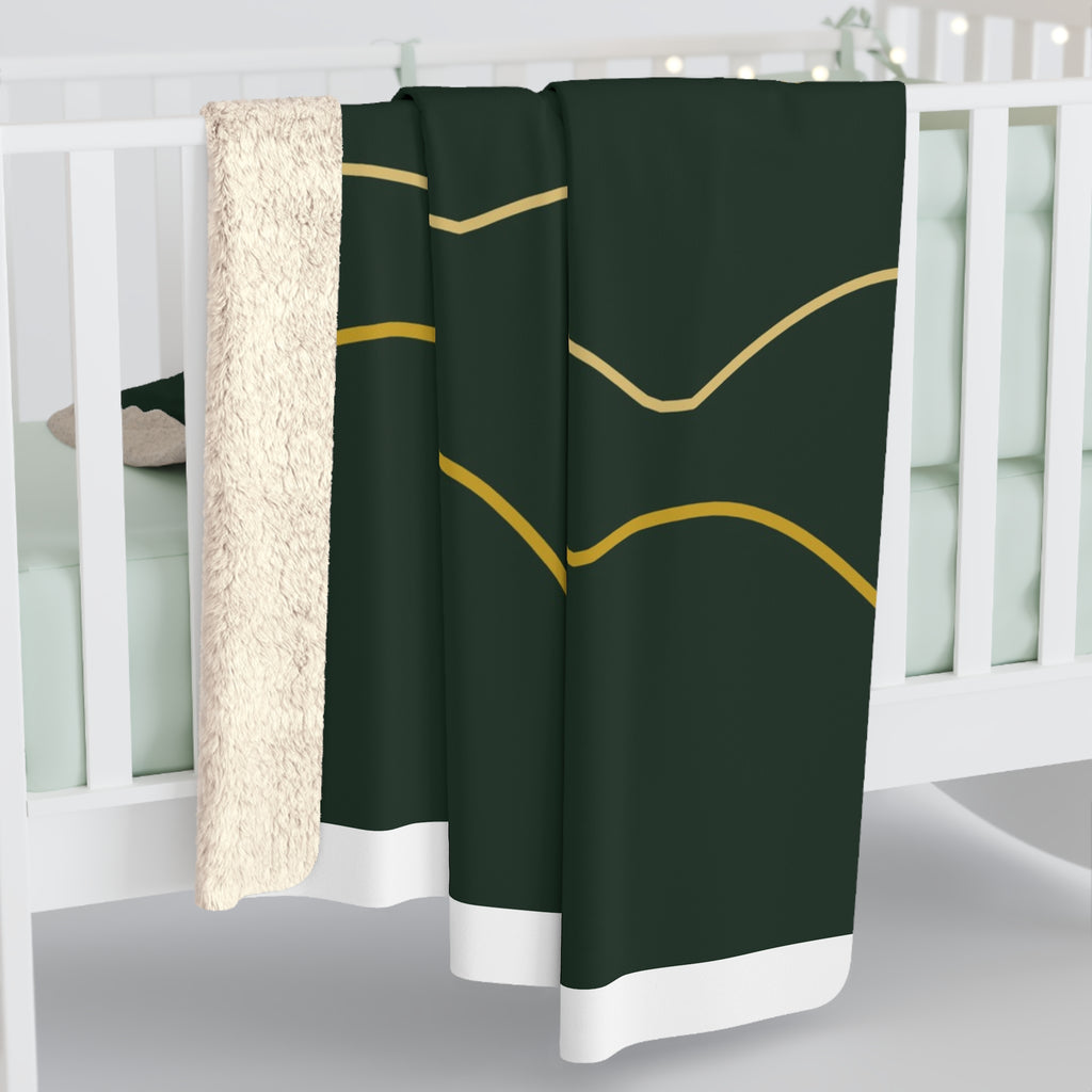 Golden Ridgeline Sherpa Throw Blanket - Moonlit Mountain Line Art on Deep Pine Green