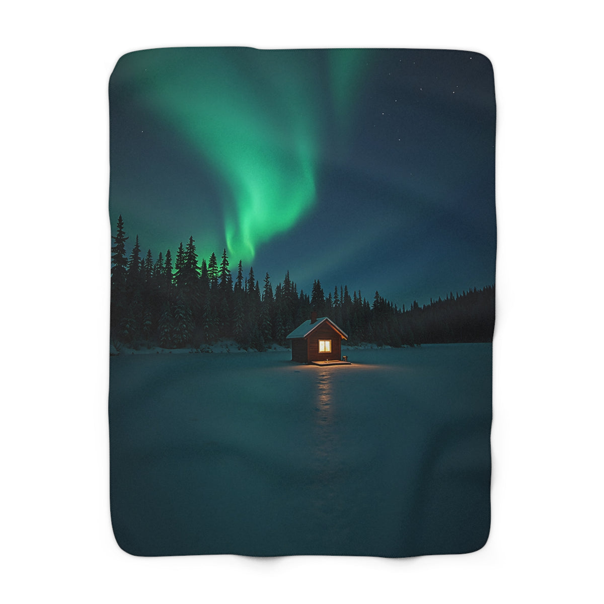 Northern Lights Cabin Sherpa Throw Blanket - Aurora Over a Frozen Lake Cabin