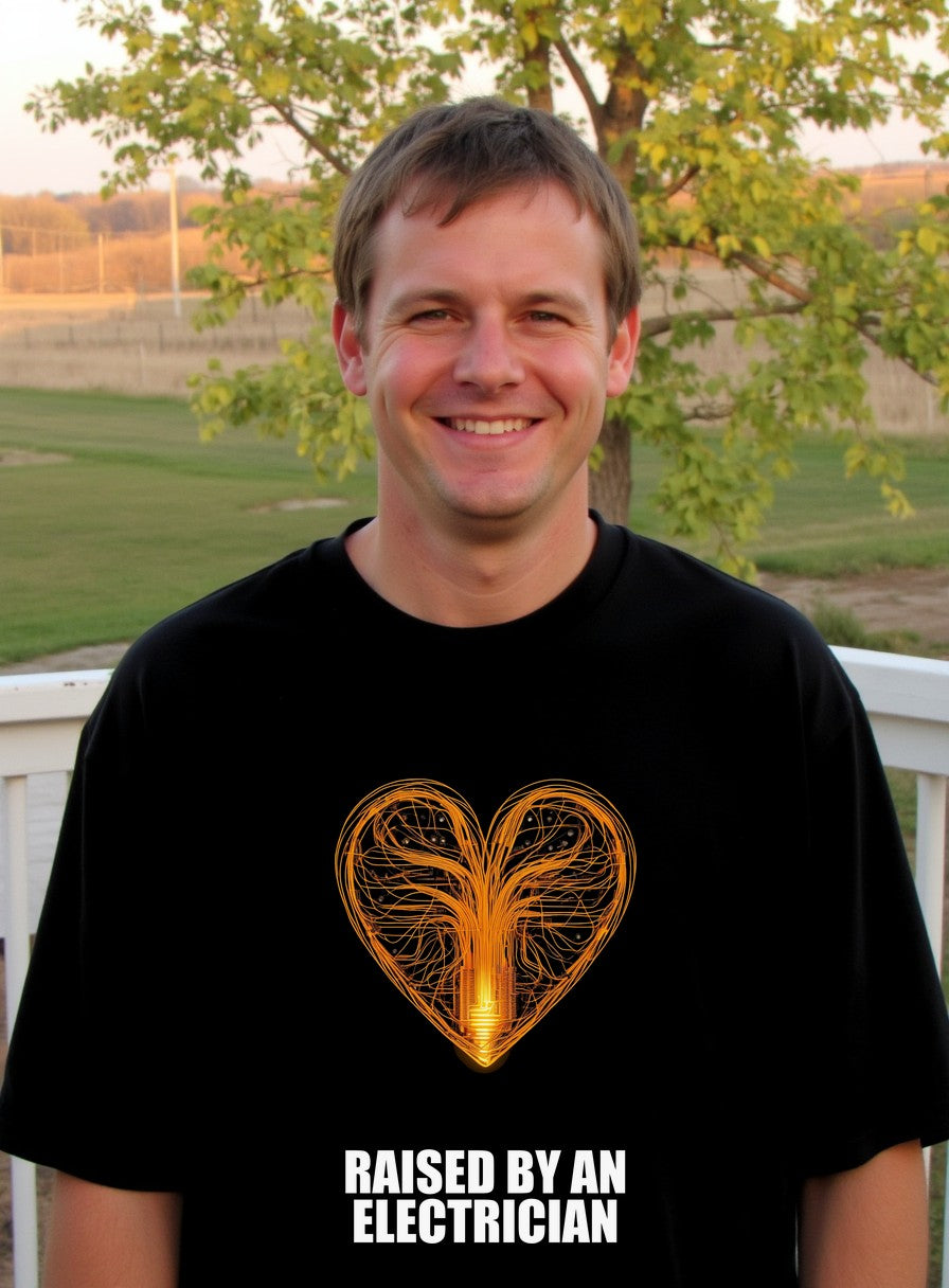 Raised By An Electrician T-Shirt — worn lifestyle photo