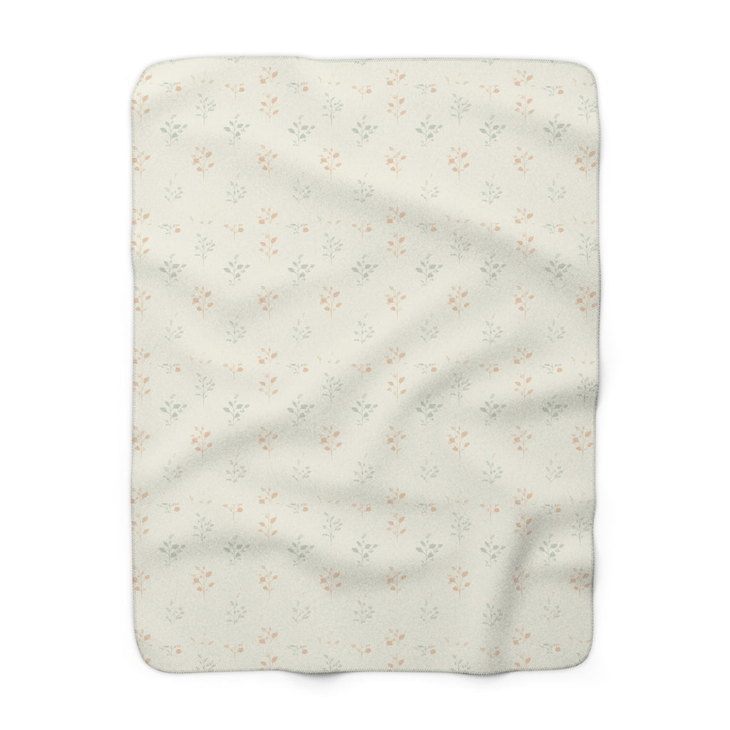 Fern & Seedhead Sherpa Throw Blanket - Vintage Botanical Pattern, Patina Blue & Terracotta on Cream - Mossbridge